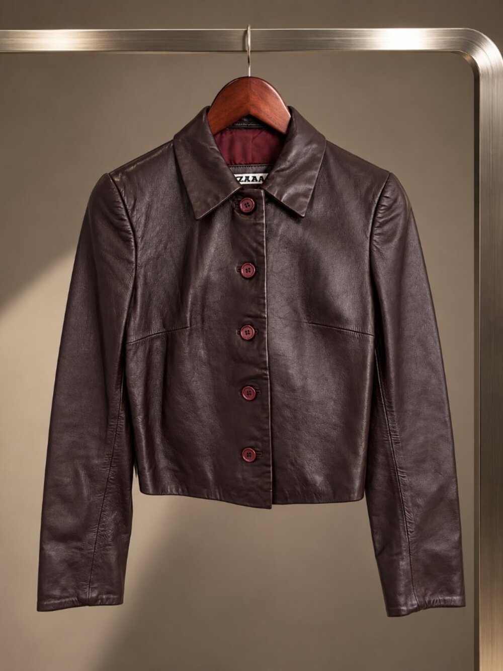 Rizal Paris Y2K Oxblood Lambskin Leather Cropped Button Jacket FR 36 US 4